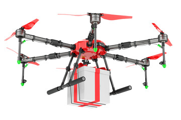 Poster - Drone with gift box, 3D rendering isolated on transparent background