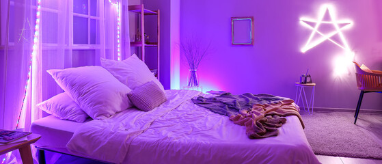 Poster - Interior of modern bedroom with neon lighting