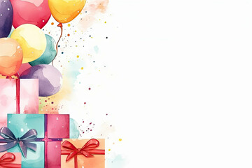 An illustration of a birthday card, white background with balloons and wrapped gifts or presents with a bow