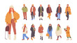 Winter style set with happy young people cartoon characters wearing casual trendy fashion outfit