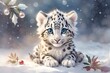 adorable, cute, funny, soft wild baby snow leopard in watercolor with big eyes	
