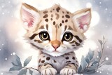 Fototapeta Dziecięca - adorable, cute, funny, soft wild baby ocelot in watercolor with big eyes	