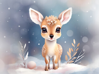 Wall Mural - adorable, cute, funny, soft wild baby roe deer in watercolor with big eyes