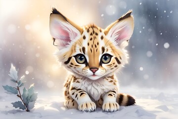 Canvas Print - adorable, cute, funny, soft wild baby serval in watercolor with big eyes	