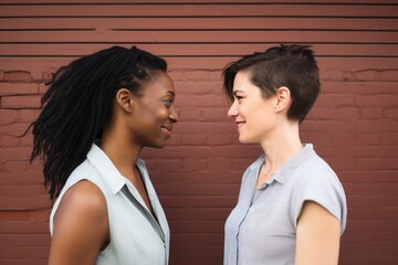 Wall Mural - multiracial lesbian women face to face waist up