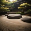 A serene Japanese Zen garden with raked gravel and carefully placed rocks2
