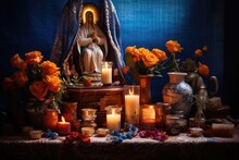 Christian Altar With Virgin Mary Statue Decorated With Flowers And Candles. Las Posadas, Assumption, Solemnity, Visitation, Nativity Of Blessed Virgin Mary Celebration