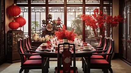 Chinese dining room decorated for lunar new year celebration