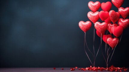 Poster - A bunch of red balloons with hearts on them are flying in the air, AI