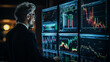 Dynamic and detailed photo of financial expert examining stock market trends and indicators, Array of financial charts and data on computer screens, AI Generated