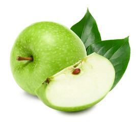 Wall Mural - single green apple with green leaves isolated on white background. clipping path