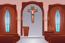 Church Background. Religion Concept Church Interior Vector Cartoon Template