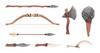 Prehistoric weapon. Wooden and stone tools for primitive cave people exact vector cartoon illustrations