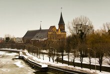 Cathedral In Kaliningrad Front View. Medieval Architecture Of The European City Of Konigsberg