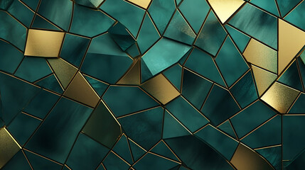 Luxury abstract and geometric background in gold and green colors with metallic texture