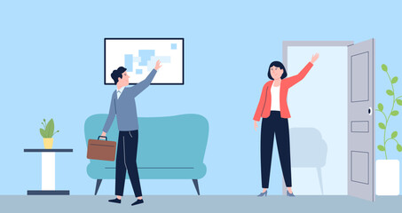 Wall Mural - Man leave office and say goodbye colleague. Recruitment or after job interview. Corporate politeness, worker ethics in business, vector scene