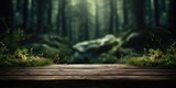 Fototapeta Las - Empty rustic old wooden table with dream forest in the background 