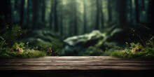 Empty Rustic Old Wooden Table With Dream Forest In The Background 