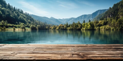 Wall Mural - Empty wooden table against the backdrop of a summer mountain lake, copy space. Generative AI