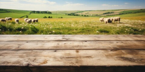 Wall Mural - Simple empty wooden table against the background of a field with sheep, Generative AI