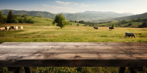 Wall Mural - Simple empty wooden table against the background of a field with sheep, Generative AI