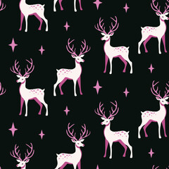 Wall Mural - Pink pattern reindeer animal head seamless black background. Fabric and wallpaper print with stylish deers and stars.