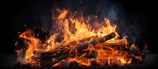 Poster - Bright orange bonfire flame on a black background Abstract fiery texture Realistic flame of fire burns the motion frame Texture for design The texture of fire A blazing burning bonfire