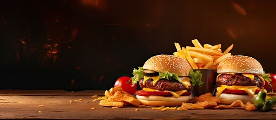 Sticker - cheeseburgers and fries on table top with onion tomato lettuce and cheese. Copy space image. Place for adding text