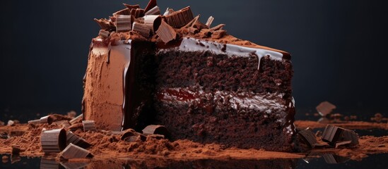 Wall Mural - A homemade triple layer low sugar decadent chocolate cake with slices removed. Copy space image. Place for adding text