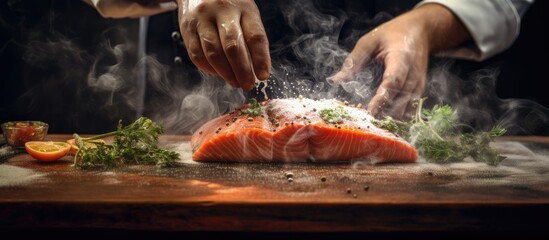 Wall Mural - chef prepares salmon steak process of sprinkling with spices and salt in a freeze motion marinating salmon fish adds herbs seasoning Long banner format top view. Copy space image