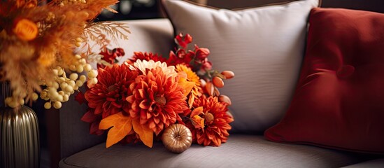 Wall Mural - colorful cushions throw cozy home autumn mood flower. Copy space image. Place for adding text