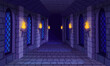 © ssstocker - Castle corridor. Medieval castles game dungeon, stone bricks wall burning fire torch inside prison cave old temple scary church maze ancient mansion ingenious vector illustration