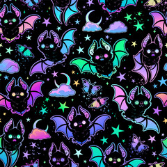 Wall Mural - Seamless illustration of cute cartoon bats and crescents