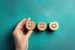Smiling wooden happy face Smiley Laugher, friendly happy heart smile satisfied client review experience, customer success, client service good positive feedback, lucky consumer love, favorite brand
