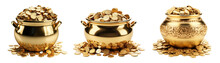 Set Of Golden Coins In Gold Pot On Transparent Background. Generative AI