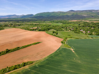 Aerial view of rural land near town of Godech, Bulgaria