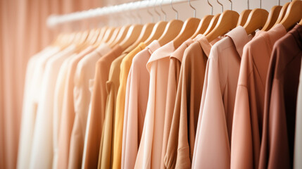 A row of clothes hanging on a rail, peach fuzz, trendy color of the year 2024.