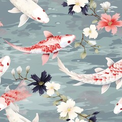 Seamless pattern of pastel koi fish, zen, landscapes, Japanese fabric print. Kimono pattern, carpet, wallpaper. Background