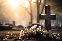 Capture The Solemn Beauty Of A Catholic Cemetery With A Grave Marker And Cross Engraved On It, Set Against A Softly Blurred Background To Create A Sense Of Peaceful Serenity. Funeral Concept. 