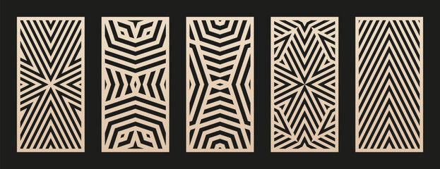 Aufkleber - Laser cut, modern CNC cutting patterns. Vector set with abstract trendy geometric ornament, lines, stripes, grid, lattice. Stencil for cutting of wood panel, metal, paper, plastic. Aspect ratio 1:2