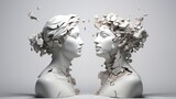Fototapeta  - Two antique statue's heads are crumbling on white background.