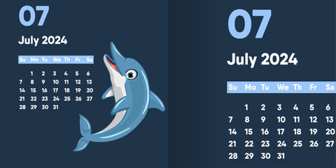Poster - Vector dolphin. Calendar for July 2024 with a dolphin, a funny cartoon character.