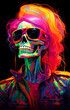 colorful hip-hop skull of a musician in rock costumes, wearing leather jacket and glasses, colorful hair style, painted skull