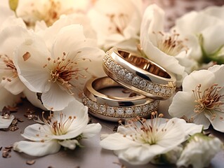 Wedding rings lie on a beautiful bouquet