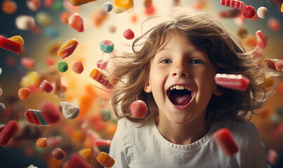 Happy children among sweets, candies, cookies, chocolates, lollipops, with energy and smile.