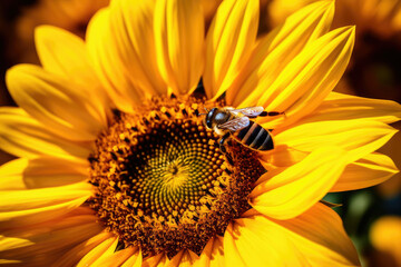 Wall Mural - Nature yellow flora flower plant bee closeup blossom insect pollen sunflower summer