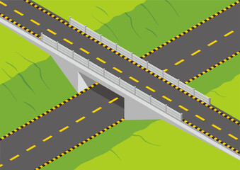 Isometric highway road vector illustration with hills on either side and a bridge across it. Marking line for the lane of asphalt road.