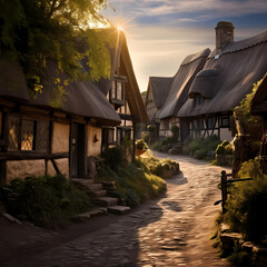 Poster - A medieval village with thatched-roof cottages