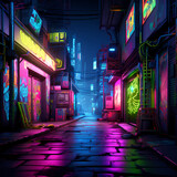 Fototapeta Londyn - Neon-lit cyberpunk alleyway with rain-soaked streets