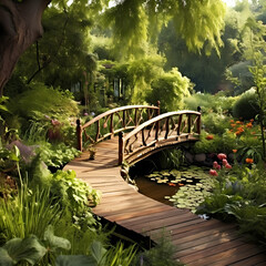 Poster - A tranquil garden with a wooden bridge